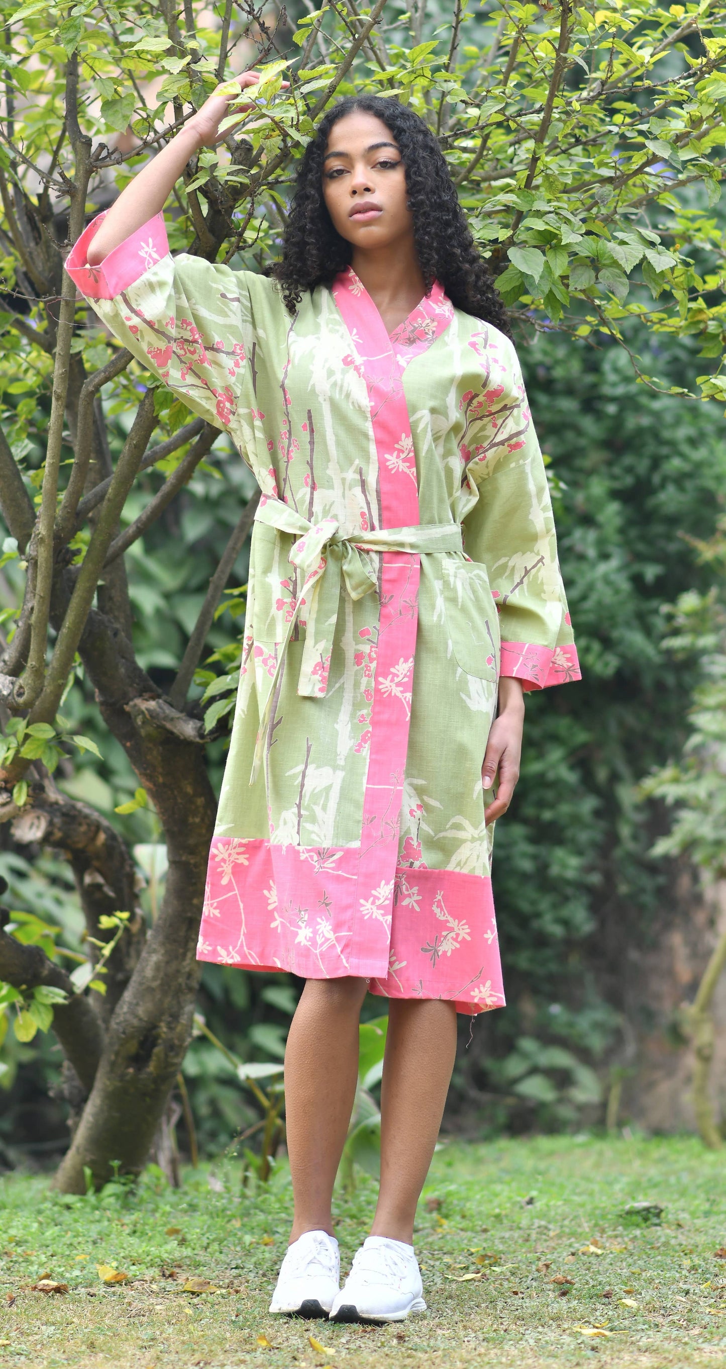 Apparel- Handprint Cherry Blossom Green Kimono