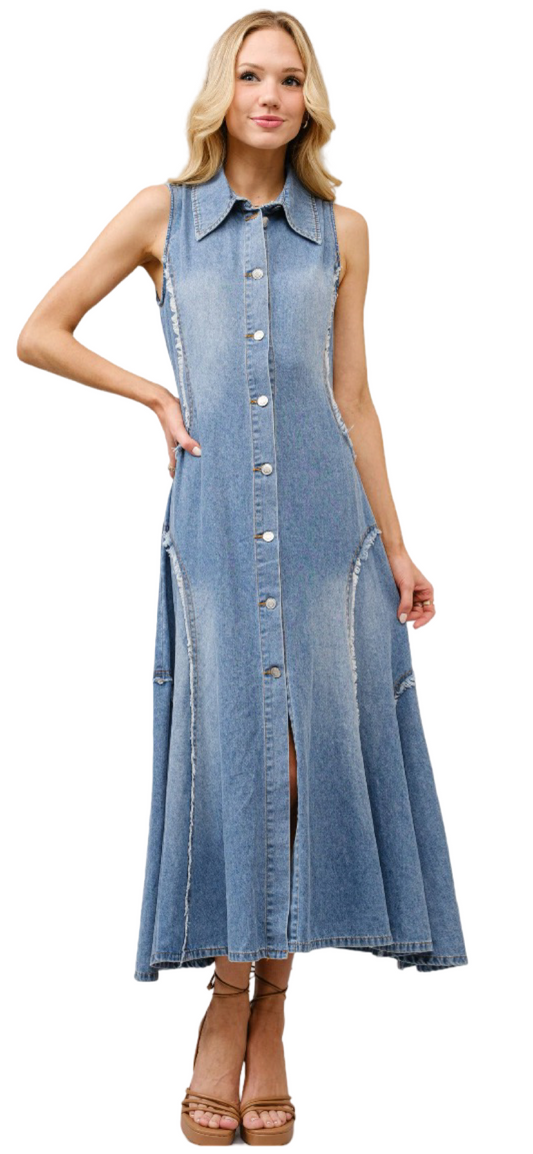 Apparel- Blue B. Raw Edge Denim Shirt Maxi Dress