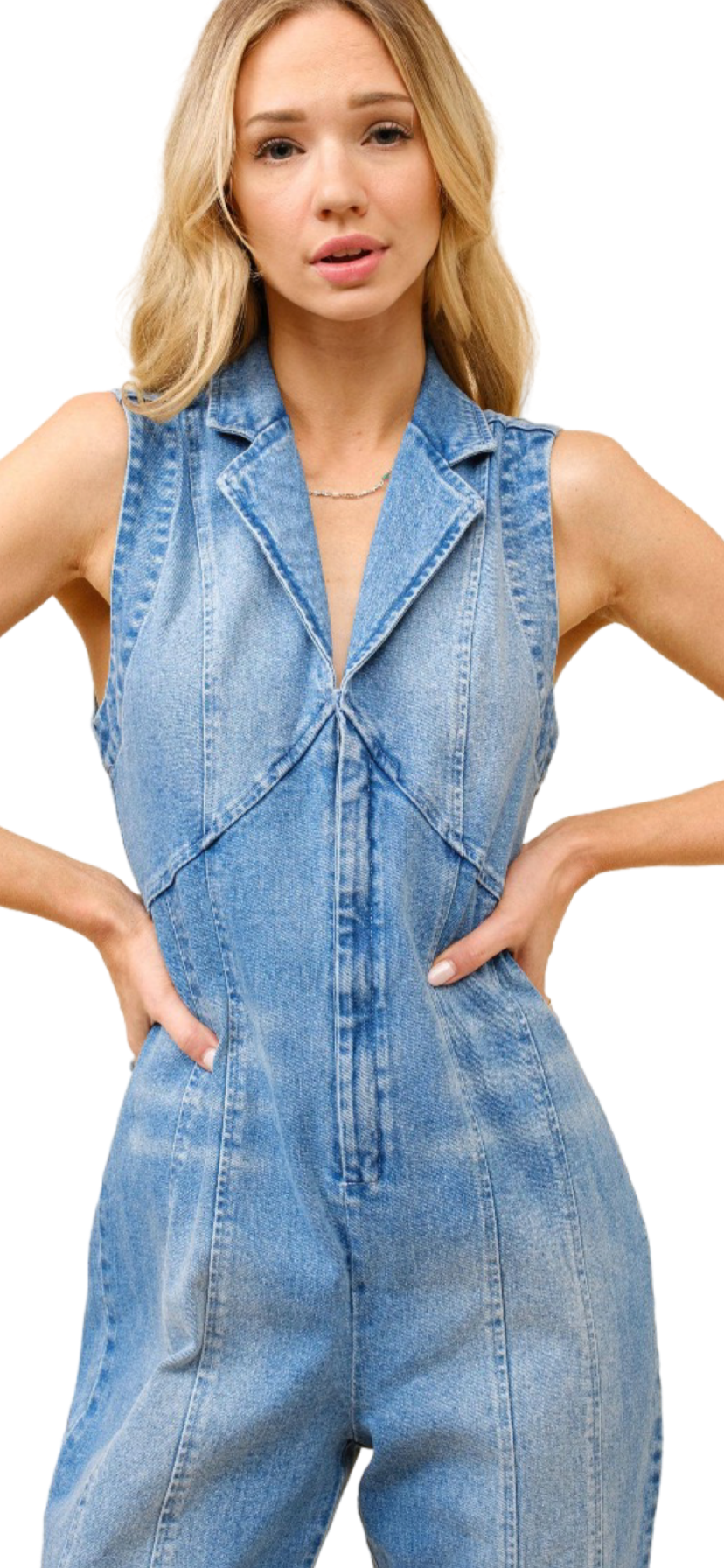 Apparel- Blue B. Collared Sleeveless Denim Jumpsuit