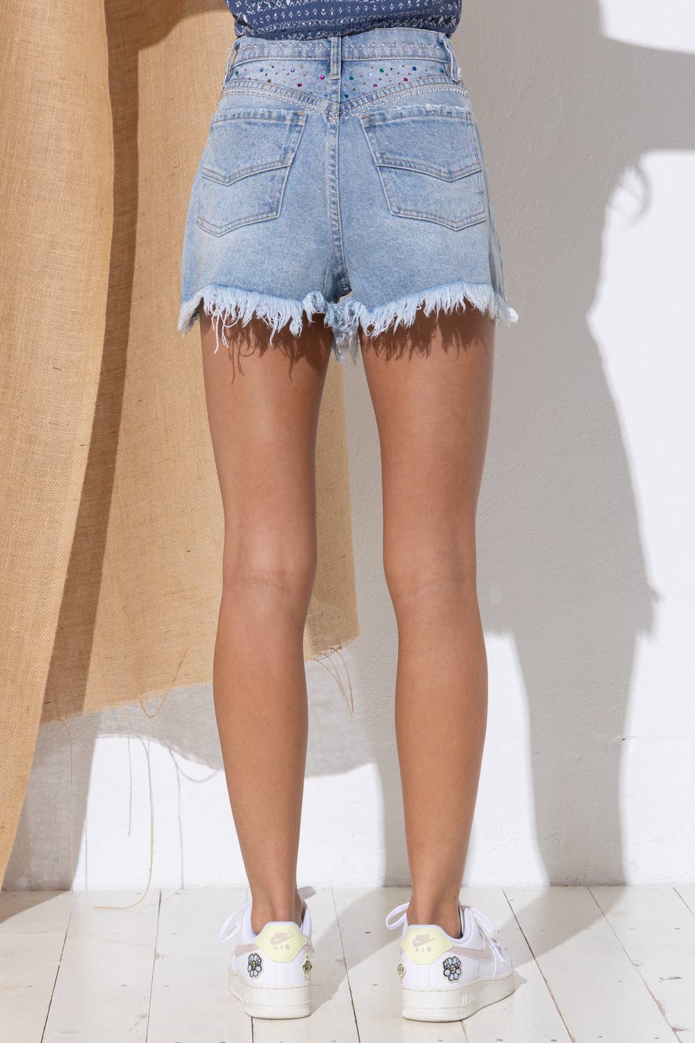 Apparel- Blue B. Crystal Stud Frayed Denim Shorts