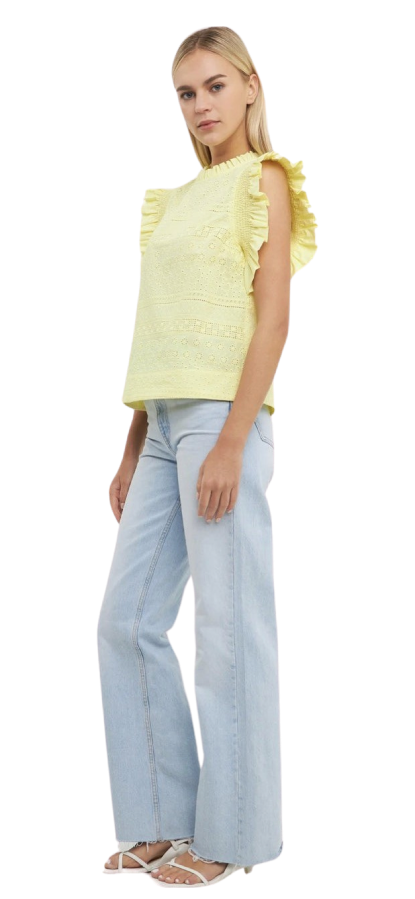 Apparel- English Factory Ruffle Sleeve Embroidered Cotton Top