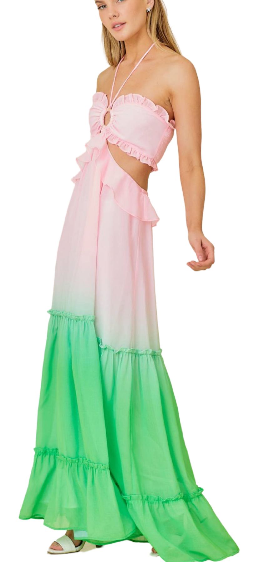 Apparel- Main Strip Ombre Print Oring Ruffle Waist Cut Maxi Dress