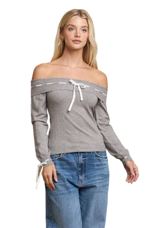 Apparel- Able Ribbon Stitch Off The Shoulder Fitted Sweater Top