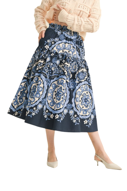 Apparel- En Merci  Printed High Rise Midi Skirt