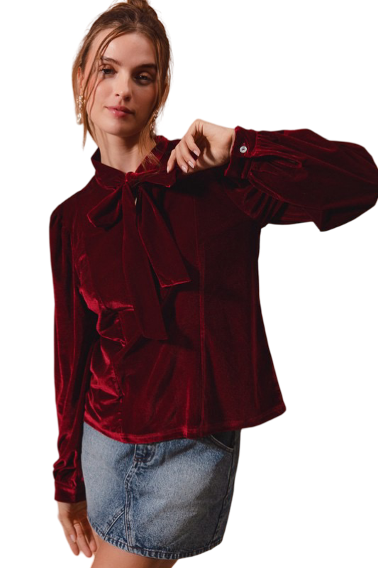 Apparel- So Me Bow Tie Neck Velvet Top with Puffed Sleeves