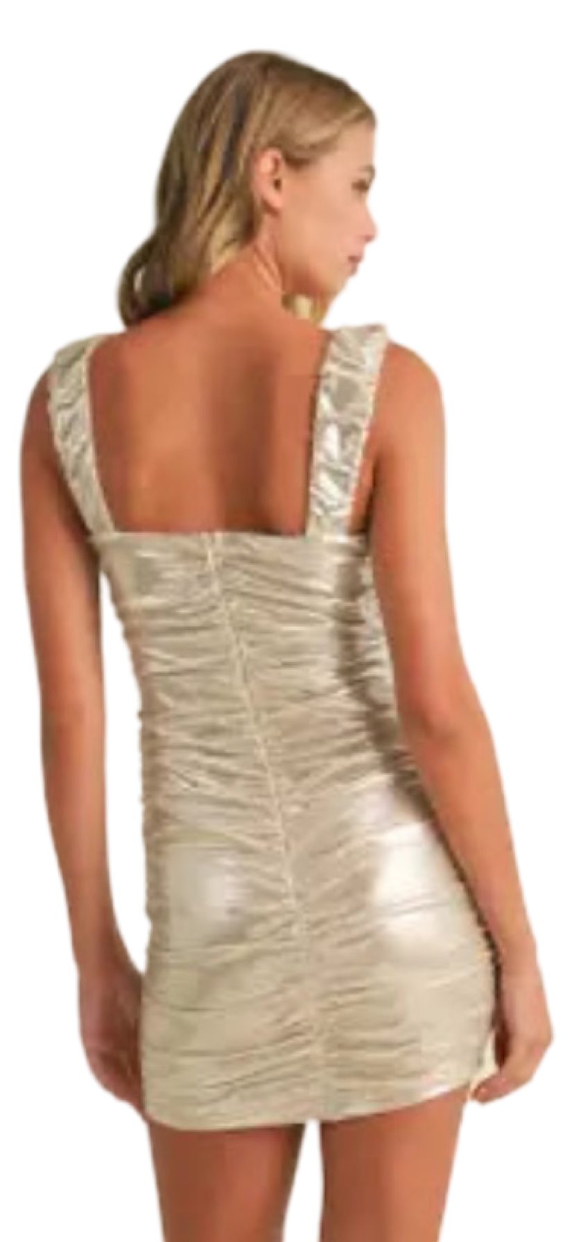 Apparel- Klesis Ruched Metallic Sleeveless Mini Dress