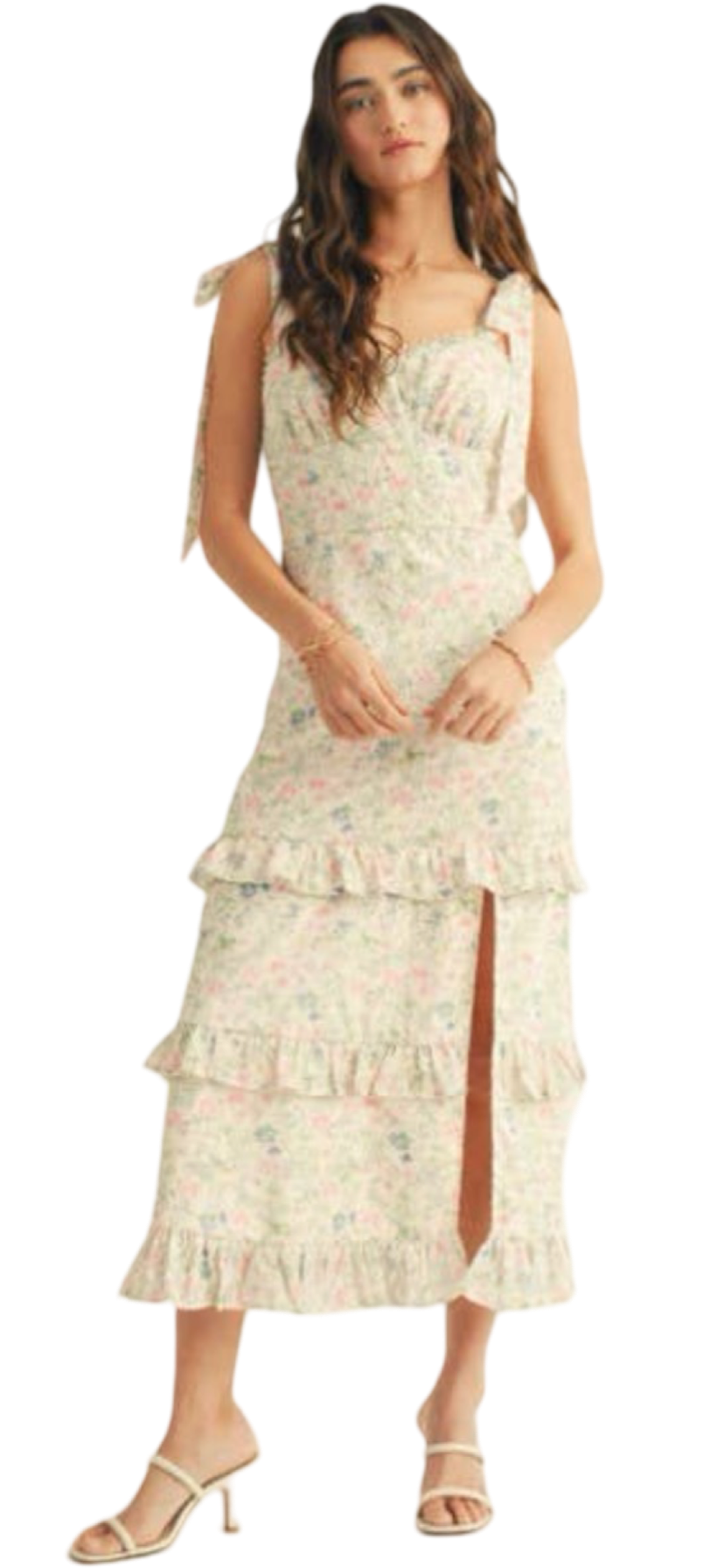 Apparel- Just Me Shoulder Tie Floral Lace Ruffle Detail Maxi Dress