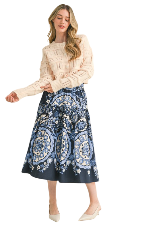 Apparel- En Merci  Printed High Rise Midi Skirt