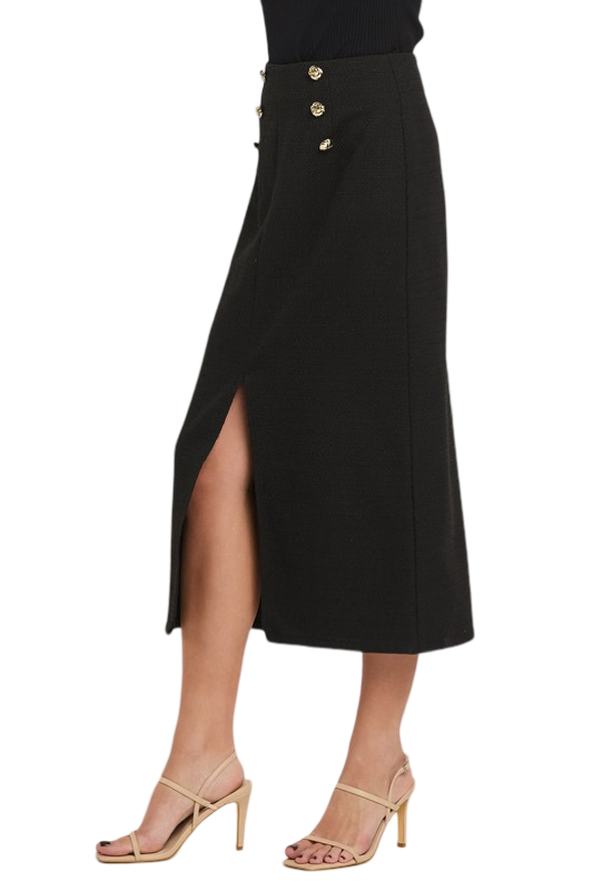 Apparel- Able Buttoned Boucle Midi Skirt with  Front Slit