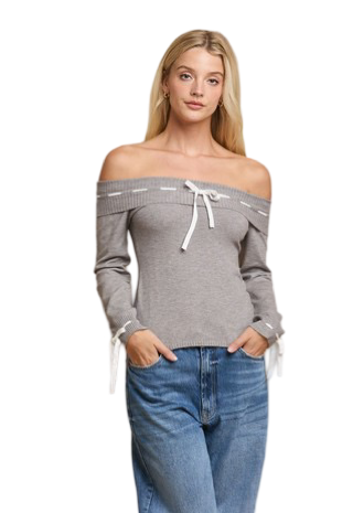 Apparel- Able Ribbon Stitch Off The Shoulder Fitted Sweater Top