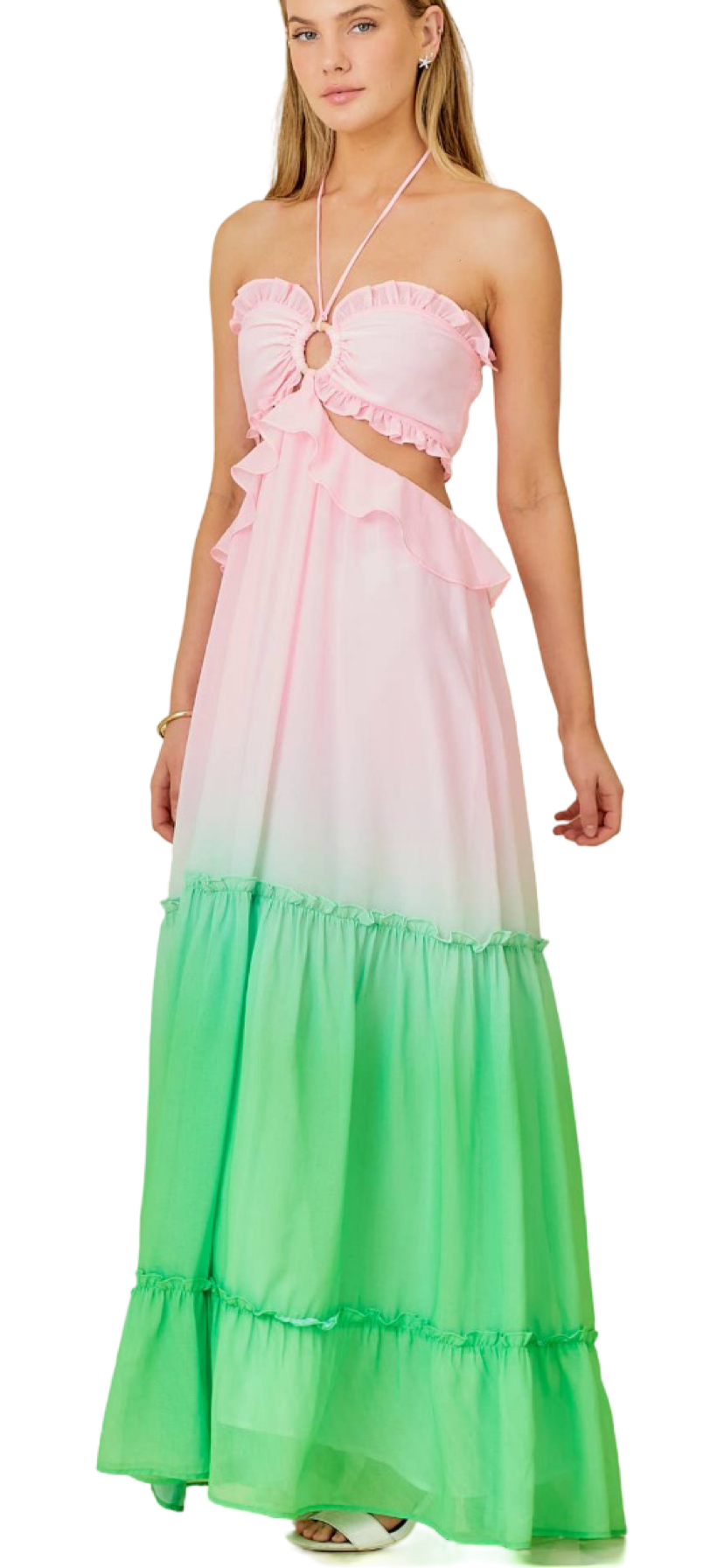 Apparel- Main Strip Ombre Print Oring Ruffle Waist Cut Maxi Dress