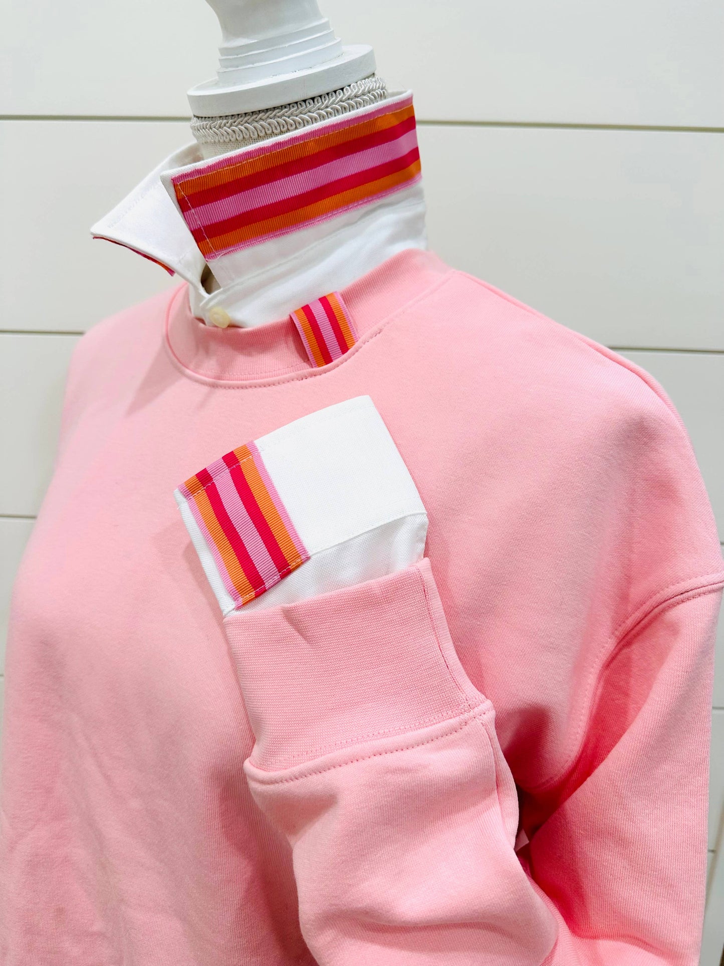 Apparel- Pearly Vine Danny Sweatshirt Pink w Pink & Orange Stripe Ribbon