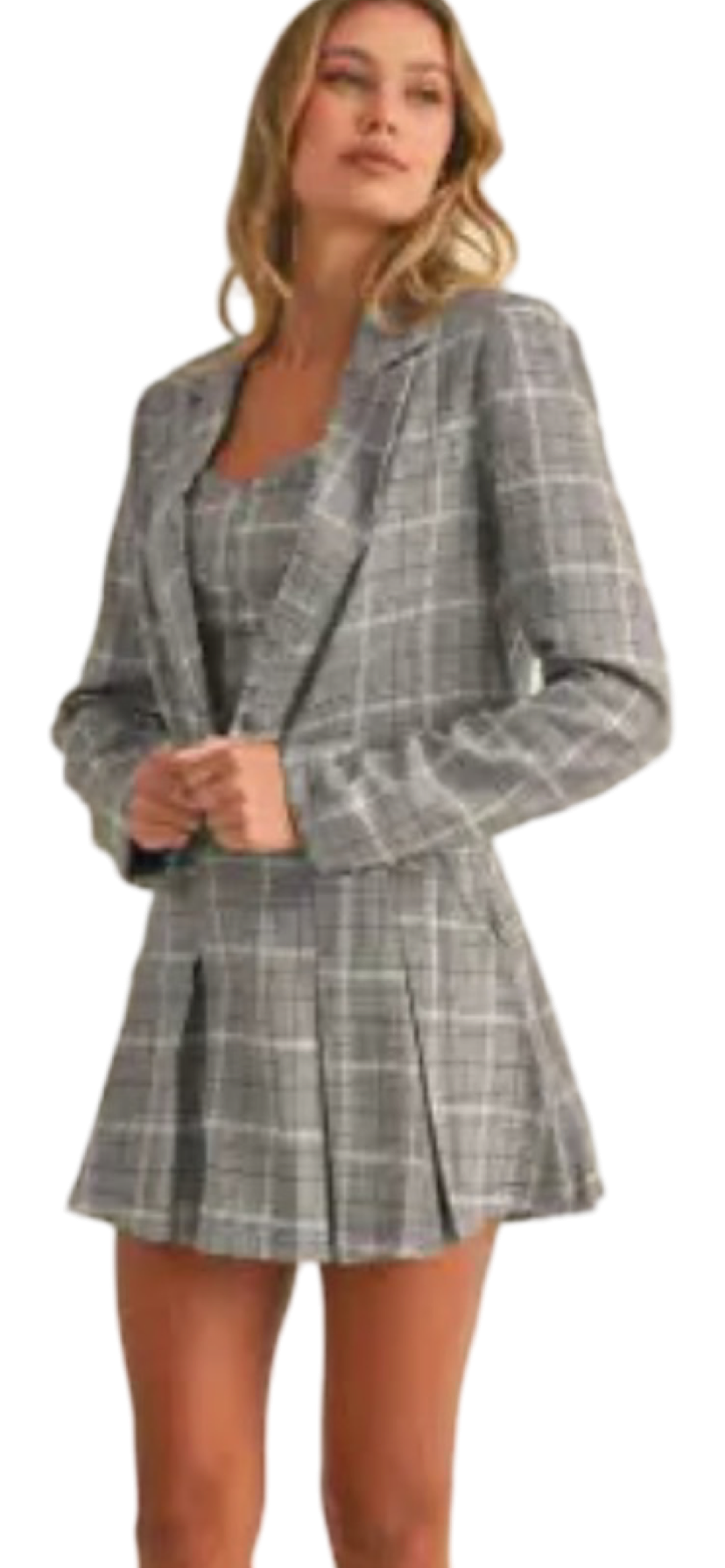 Apparel- Klesis Plaid Crop Top, Cropped Blazer and Pleated Mini Skirt