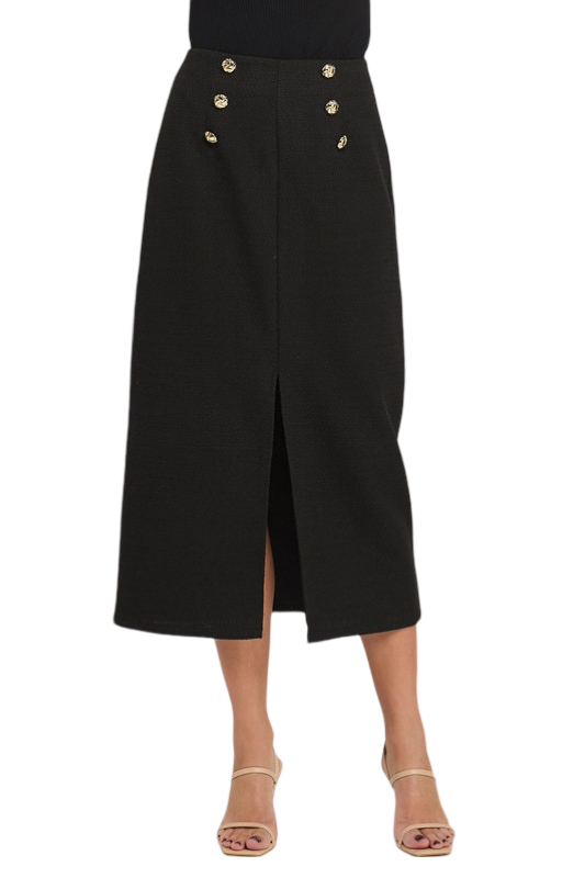 Apparel- Able Buttoned Boucle Midi Skirt with  Front Slit