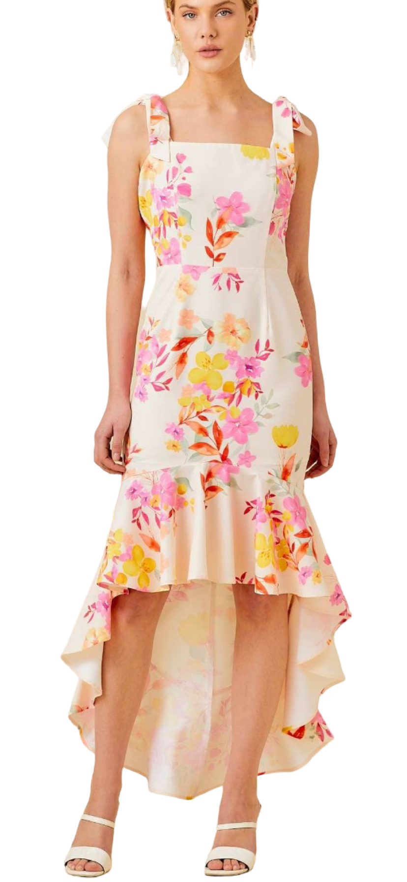 Apparel- Main Strip Floral Printed High-Low Ruffled Dress