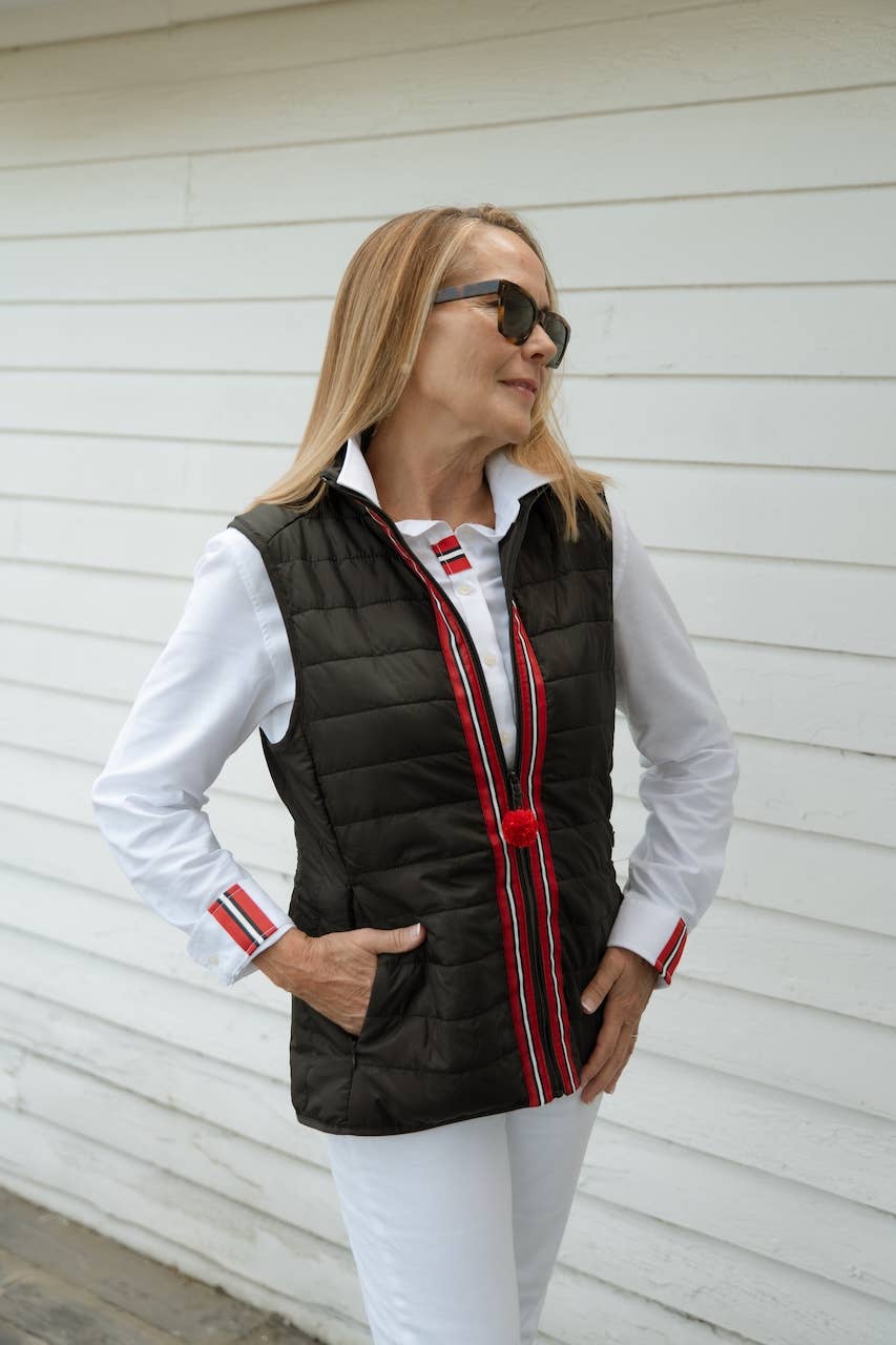 Apparel- Pearly Vine Maggie May Puffer Vest Black w Black, White & Red Stripe