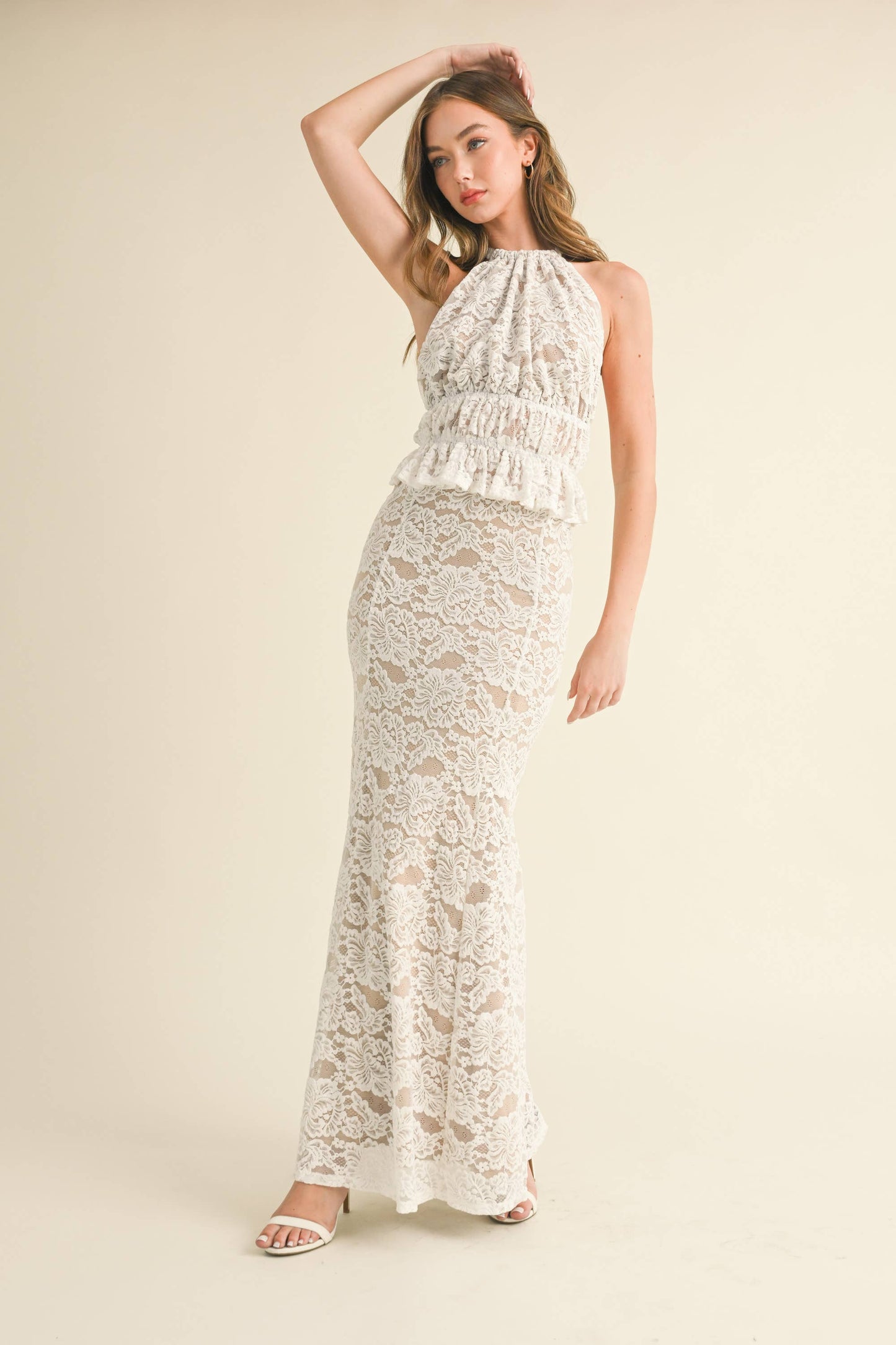 Apparel- Klesis Lace Halter Open Back Top and Maxi Skirt Set