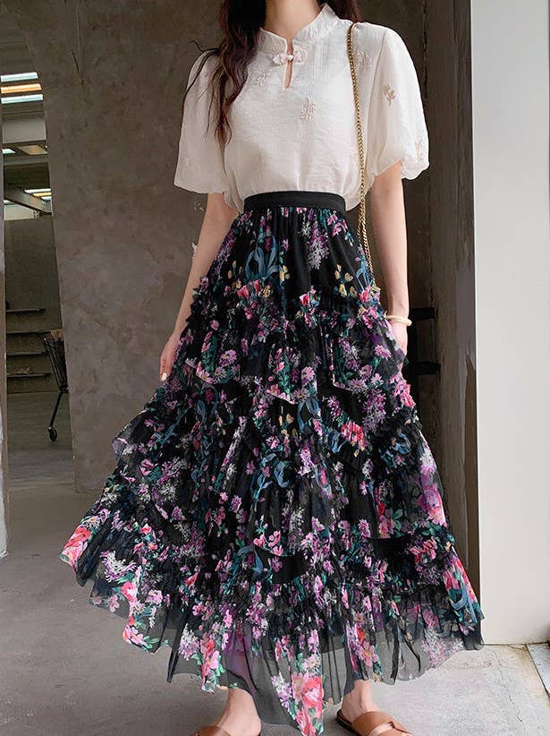 Apparel-Peach Twirl Worthy Floral Ruffle Skirt