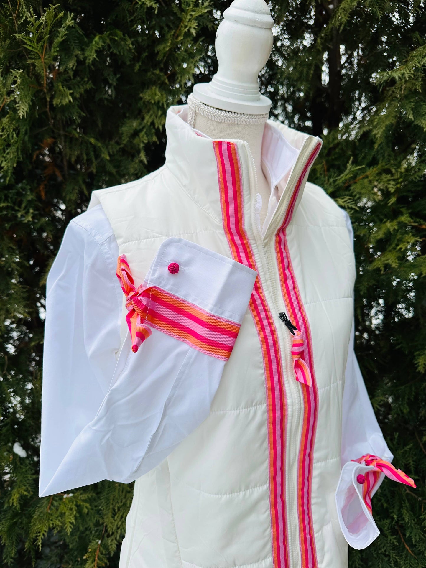 Apparel- Pearly Vine Maggie May Puffer Vest White w Pink & Orange Stripe Ribbon