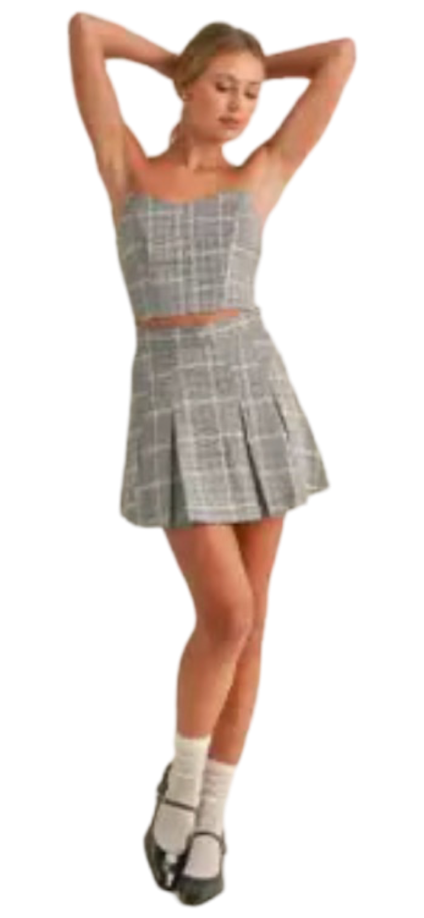 Apparel- Klesis Plaid Crop Top, Cropped Blazer and Pleated Mini Skirt