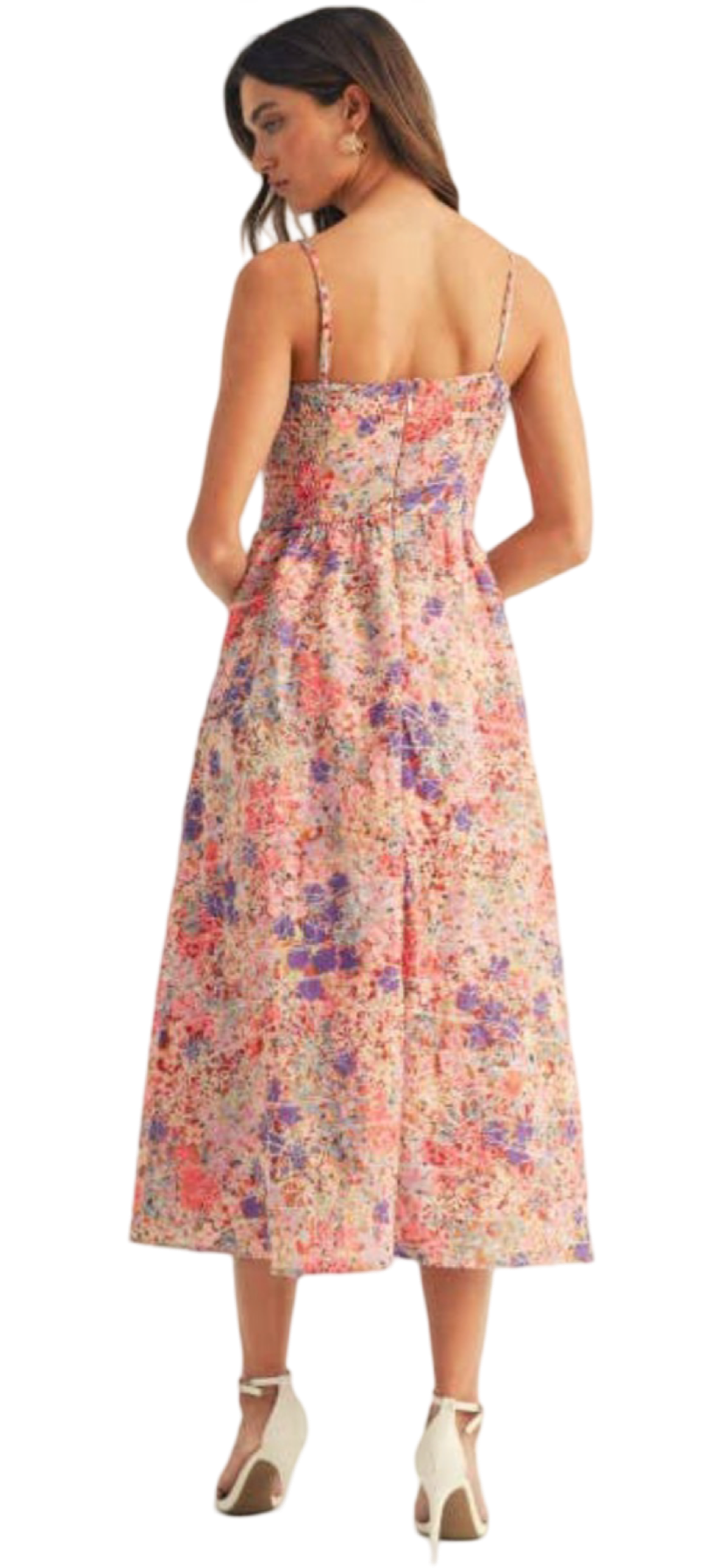 Apparel- Just Me Floral Print Smocked Bodice Midi Dress