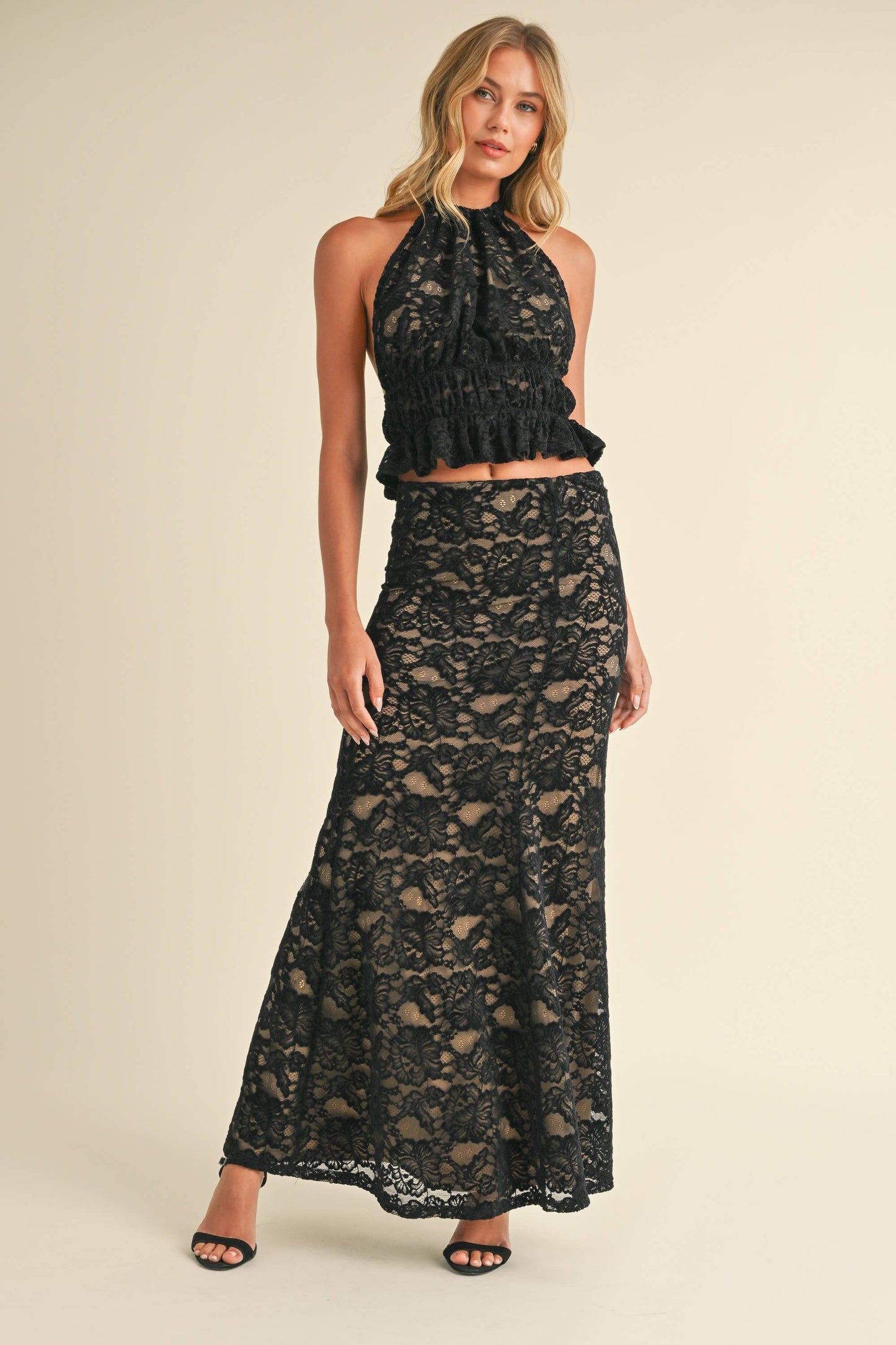 Apparel- Klesis Lace Halter Open Back Top and Maxi Skirt Set