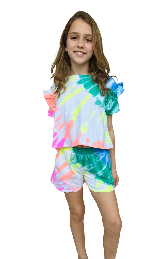 Girls- Erge Tie Dye Sleeve Ruffle Short Set