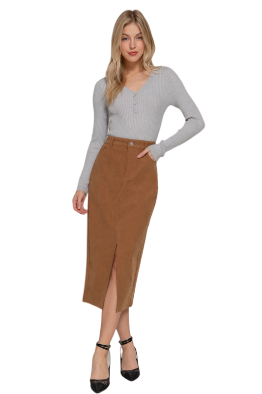 Apparel- Active Basic Slit Front Corduroy Midi Skirt