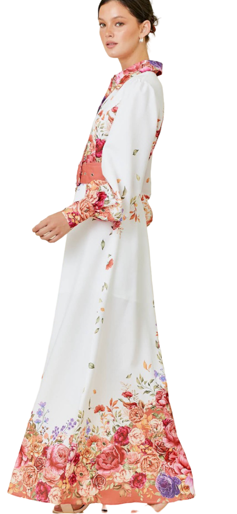 Apparel- Main Strip Collar Maxi Dress With Floral Border Print