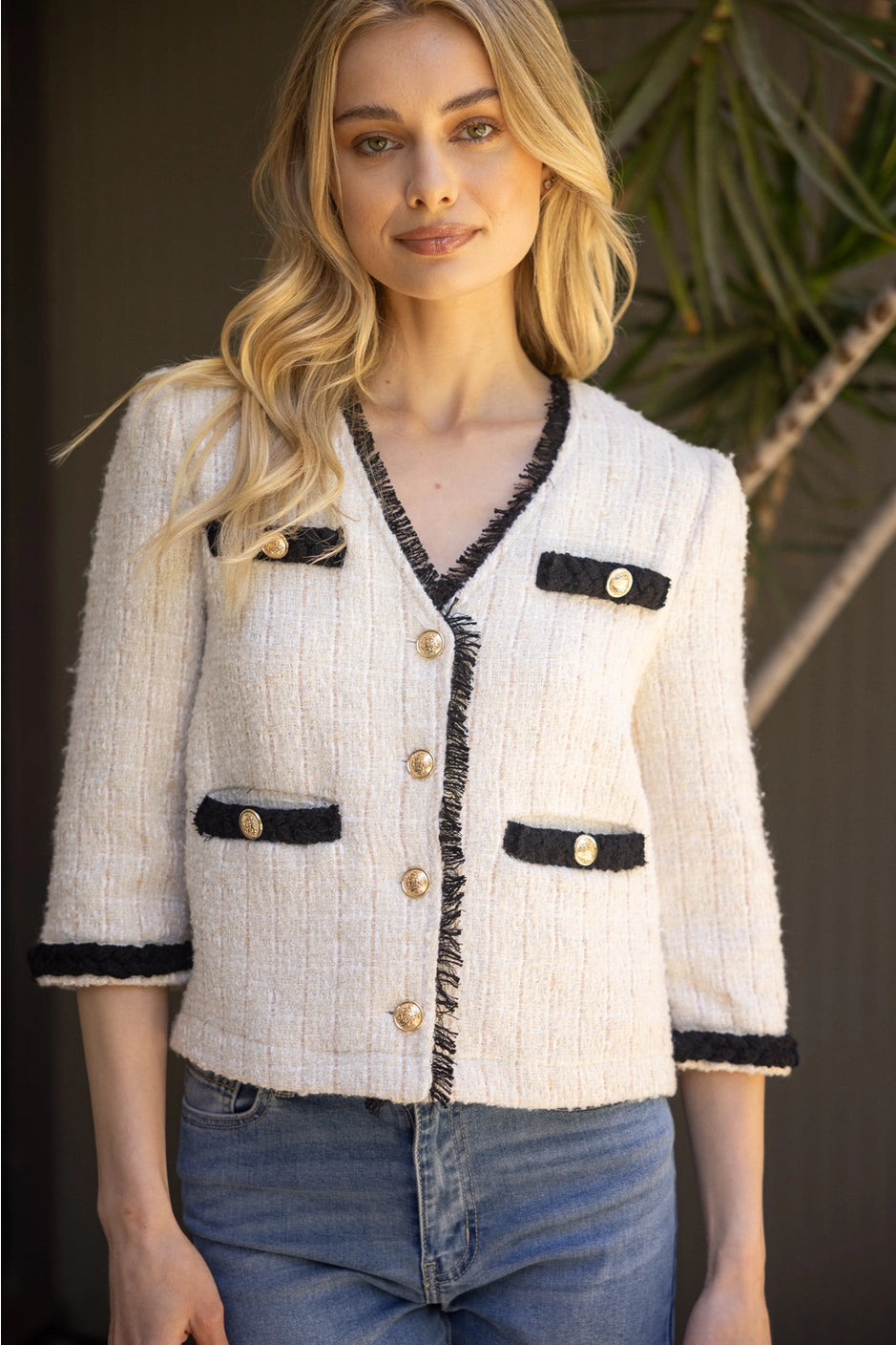 Apparel- VOY Contrast Braid Gold Button Accent Tweed Jacket