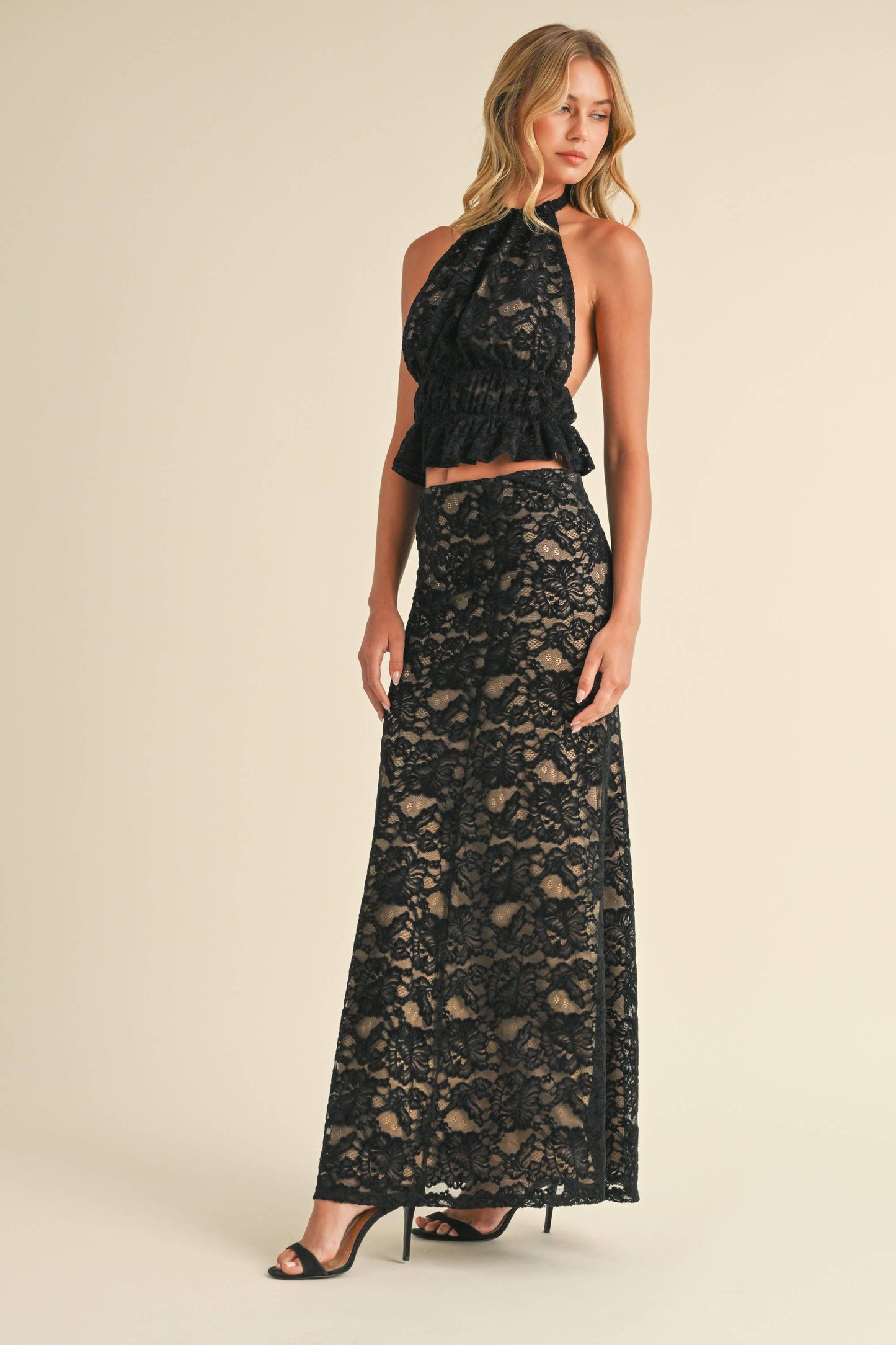 Apparel- Klesis Lace Halter Open Back Top and Maxi Skirt Set