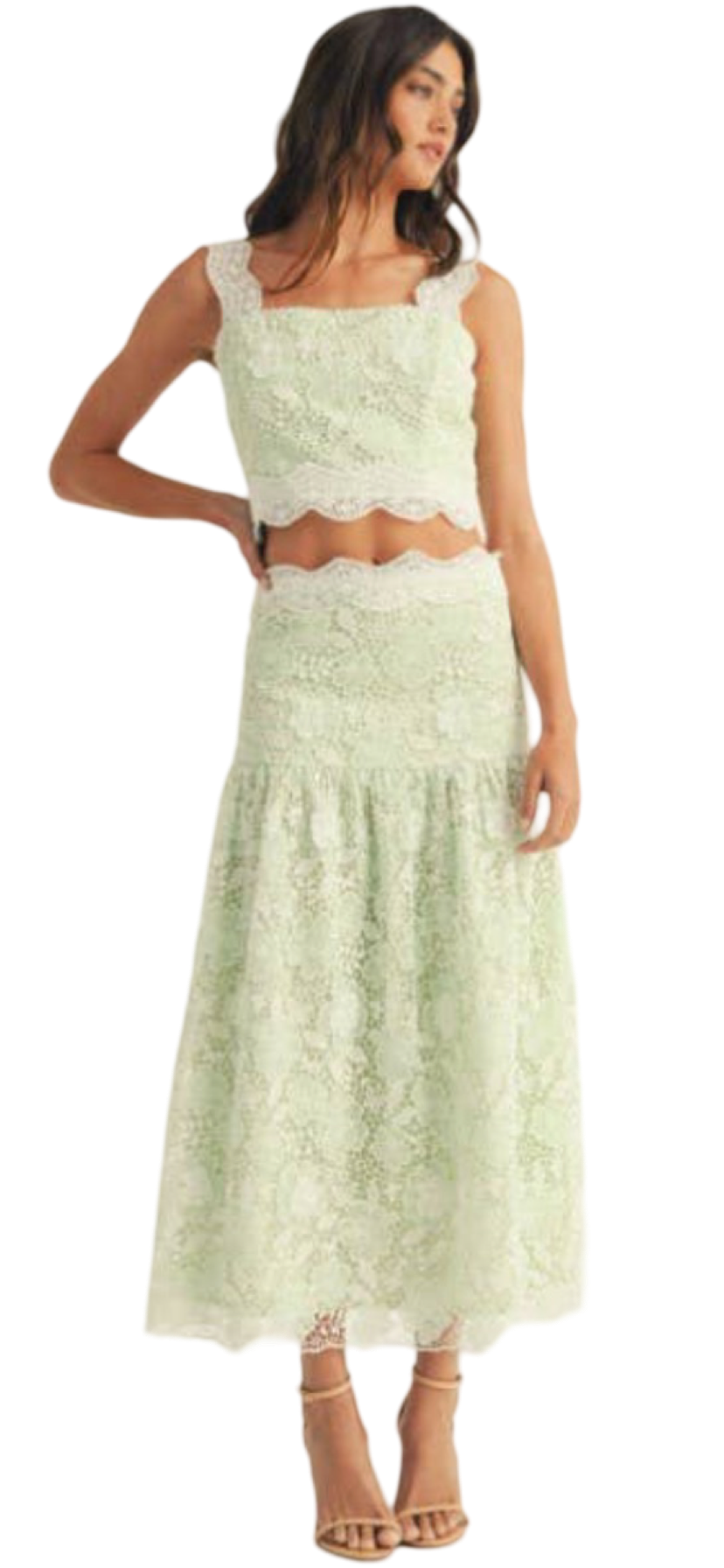 Apparel- Just Me Crochet Lace Ruffle Detail Sleeveless Midi Skirt Set