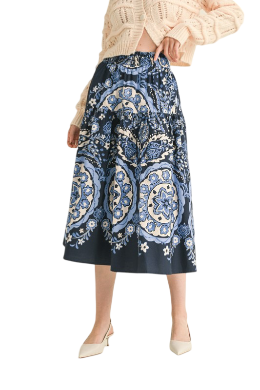 Apparel- En Merci  Printed High Rise Midi Skirt