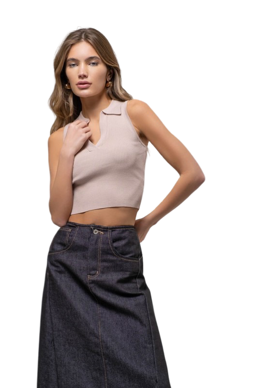 Apparel- The Workshop Collared Rib Knit Crop Top