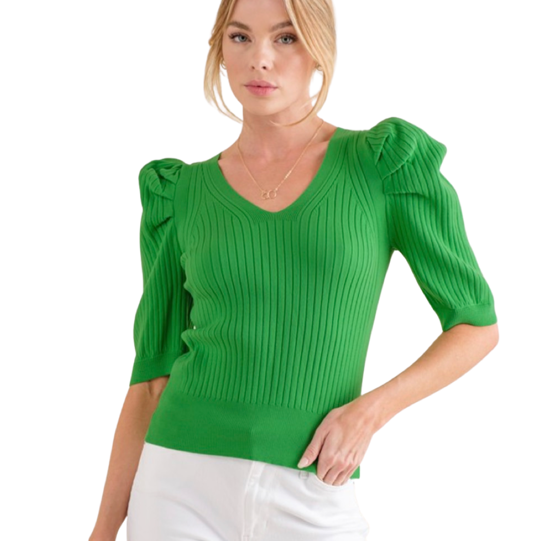 Apparel- And The Why Puff Sleeve Ribbed Basic Top