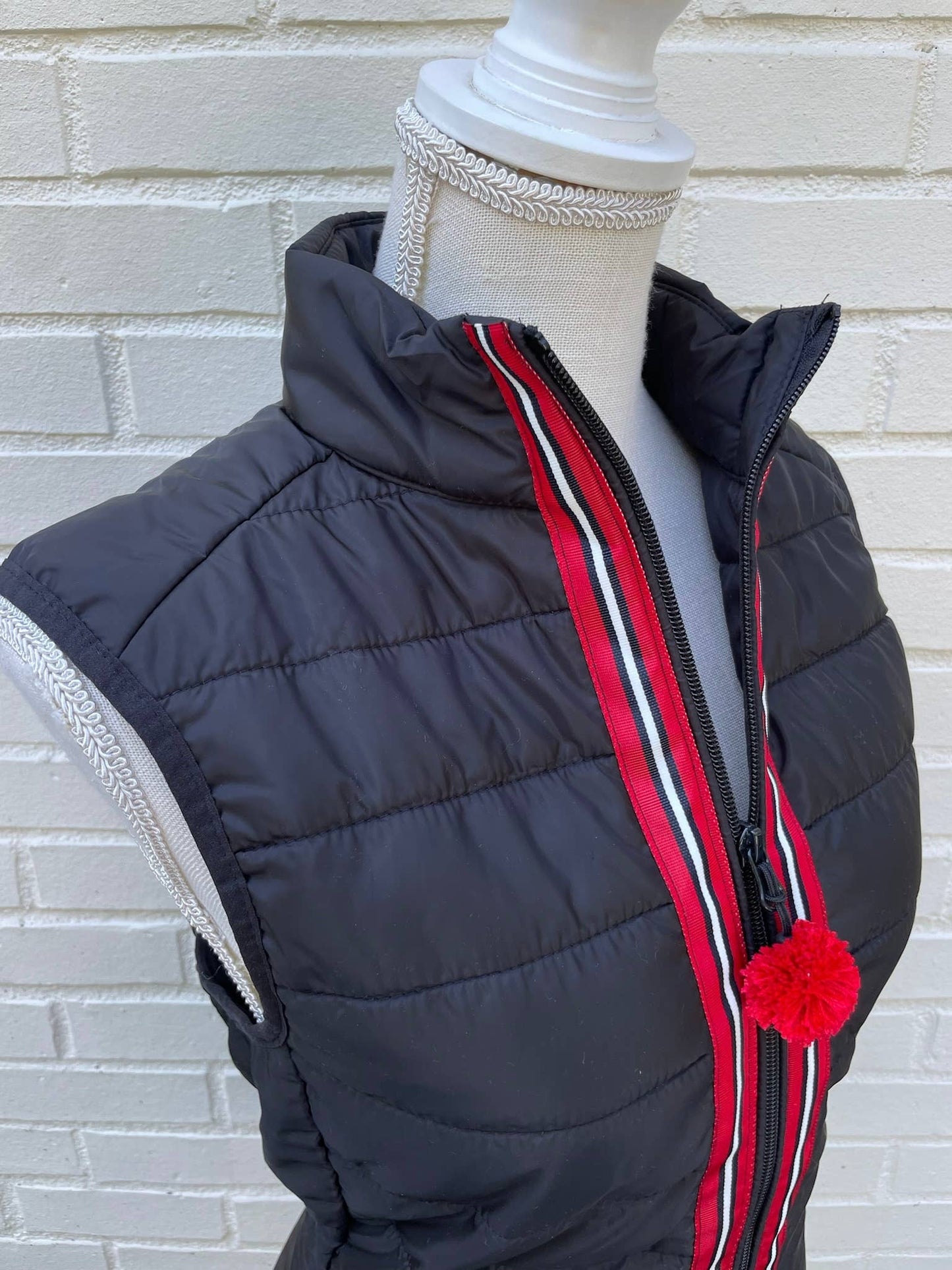 Apparel- Pearly Vine Maggie May Puffer Vest Black w Black, White & Red Stripe