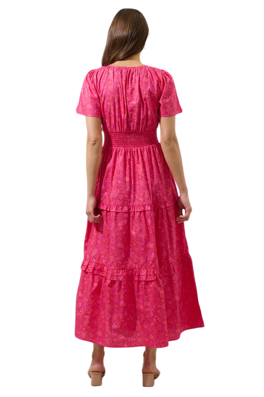 Apparel- Sugarlips Cerise Floral Palmer Poplin Tiered Maxi Dress