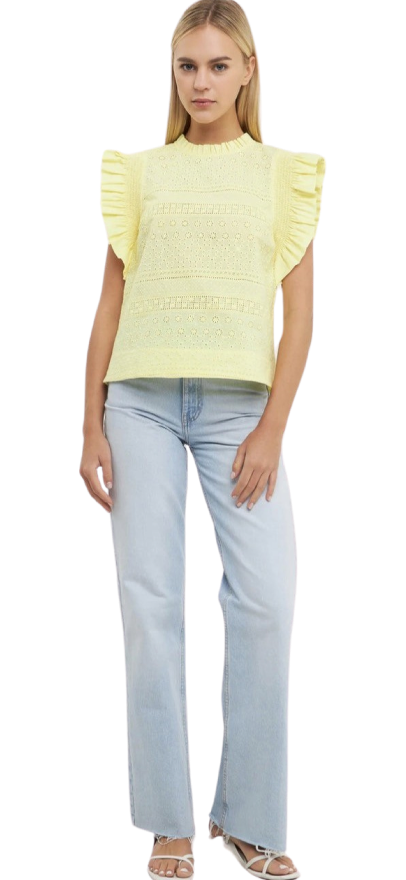 Apparel- English Factory Ruffle Sleeve Embroidered Cotton Top