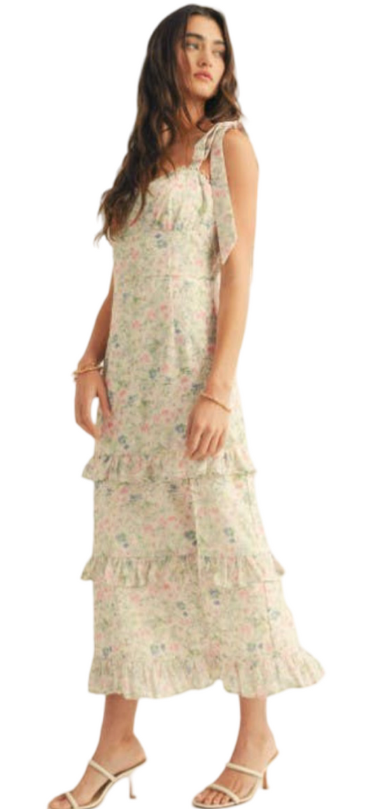 Apparel- Just Me Shoulder Tie Floral Lace Ruffle Detail Maxi Dress