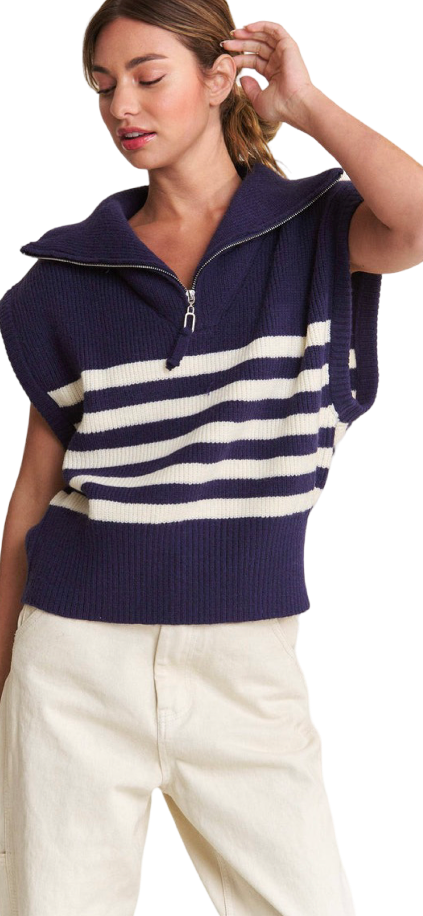 Apparel- In The Beginning Striped Quarter Zipped Sweater