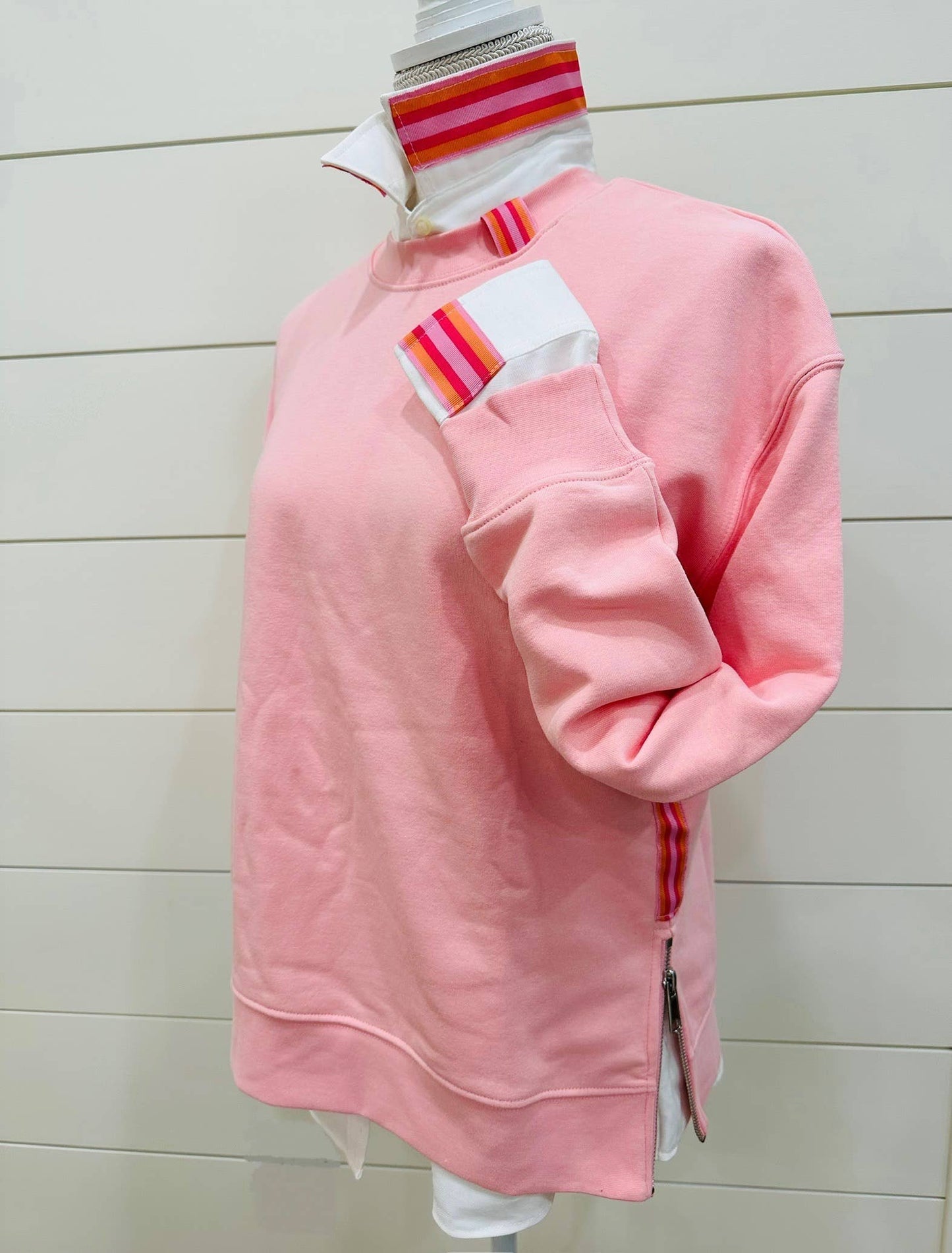 Apparel- Pearly Vine Danny Sweatshirt Pink w Pink & Orange Stripe Ribbon