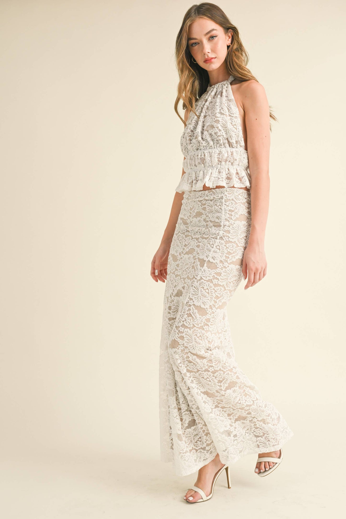 Apparel- Klesis Lace Halter Open Back Top and Maxi Skirt Set