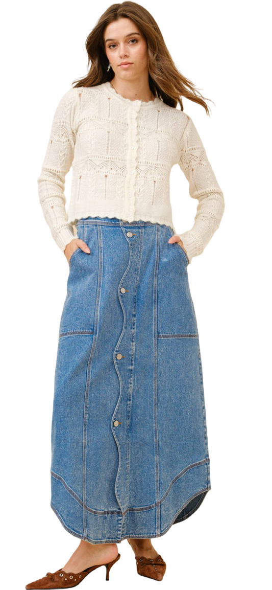 Apparel- Blue B. Wavy Placket Denim Maxi Skirt