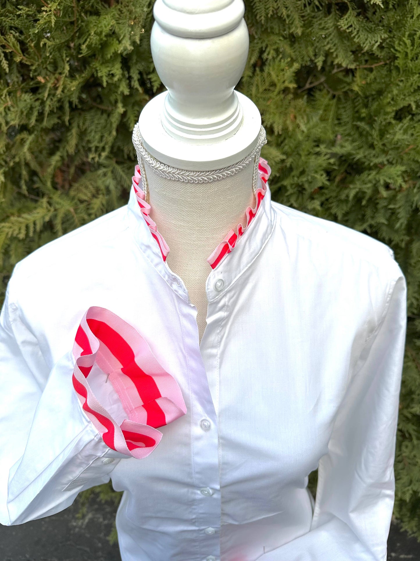 Apparel- Pearly Vine Dionne Ruffle Ribbon Trim Shirt White w Pink & Red Ribbon