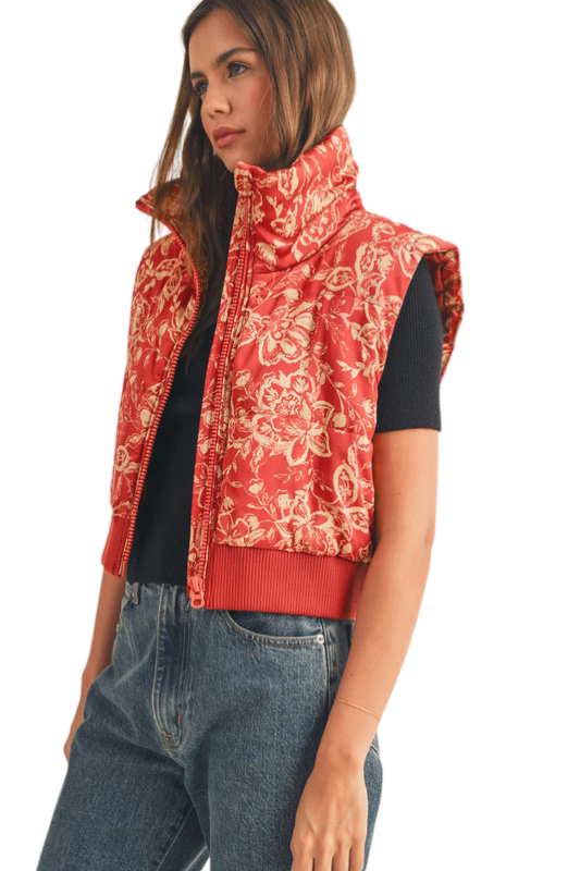 Apparel- En Merci Floral Cropped Puffer Vest