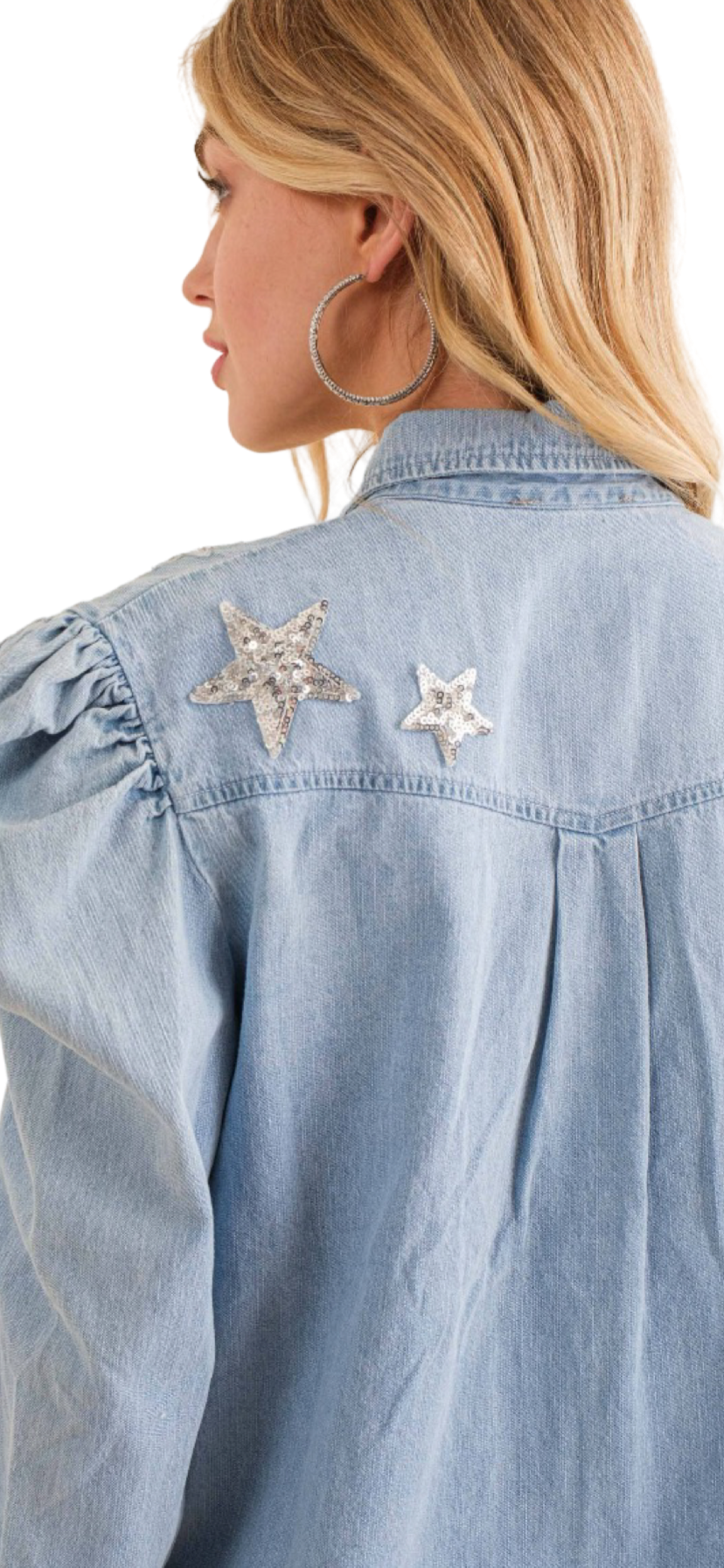 Apparel- Blue B. Garment Washed Chambray Sequin Shirt Blouse