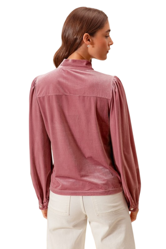 Apparel- So Me Bow Tie Neck Velvet Top with Puffed Sleeves