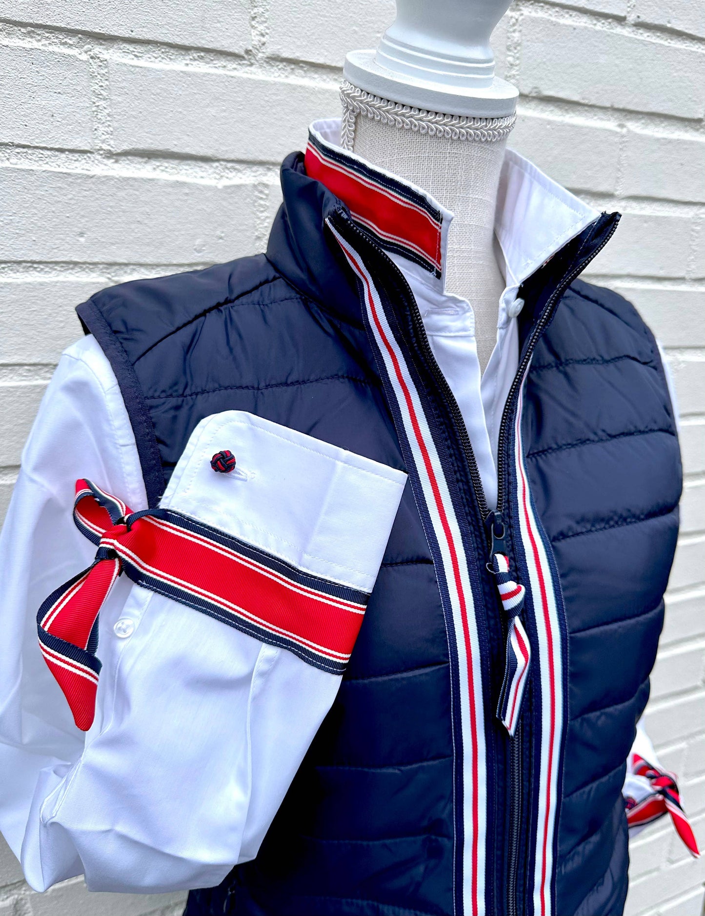 Apparel- Pearly Vine Maggie May Puffer Vest Navy w Navy, Red & White Ribbon