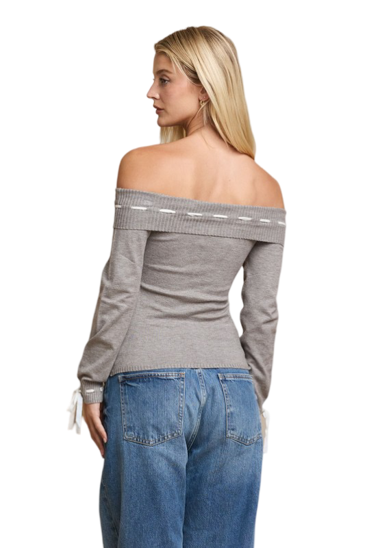 Apparel- Able Ribbon Stitch Off The Shoulder Fitted Sweater Top