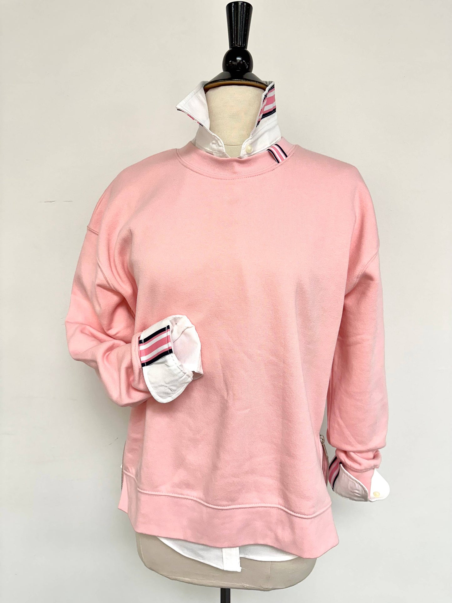 Apparel- Pearly Vine Danny Sweatshirt Pink w Navy, White & Pink Stripe Ribbon